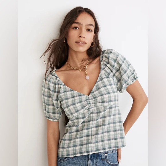 NWT Madewell Puff-Sleeve Ruched Bodice Top - Green, Blue, Ivory Plaid - Medium - Picture 1 of 7